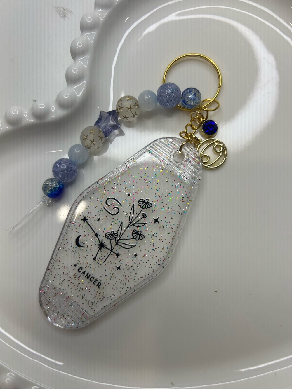 Sparkle Cancer Zodiac Keychain with Blue Beaded Tassel